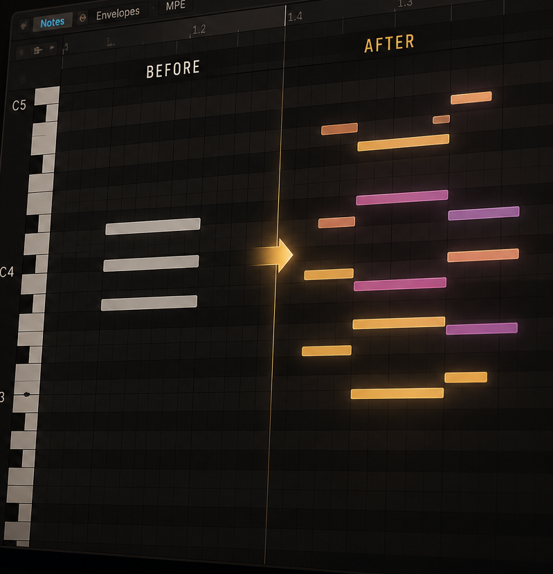 Before and after: a flat block chord re-voiced into a lush gospel voicing in Ableton's clip editor