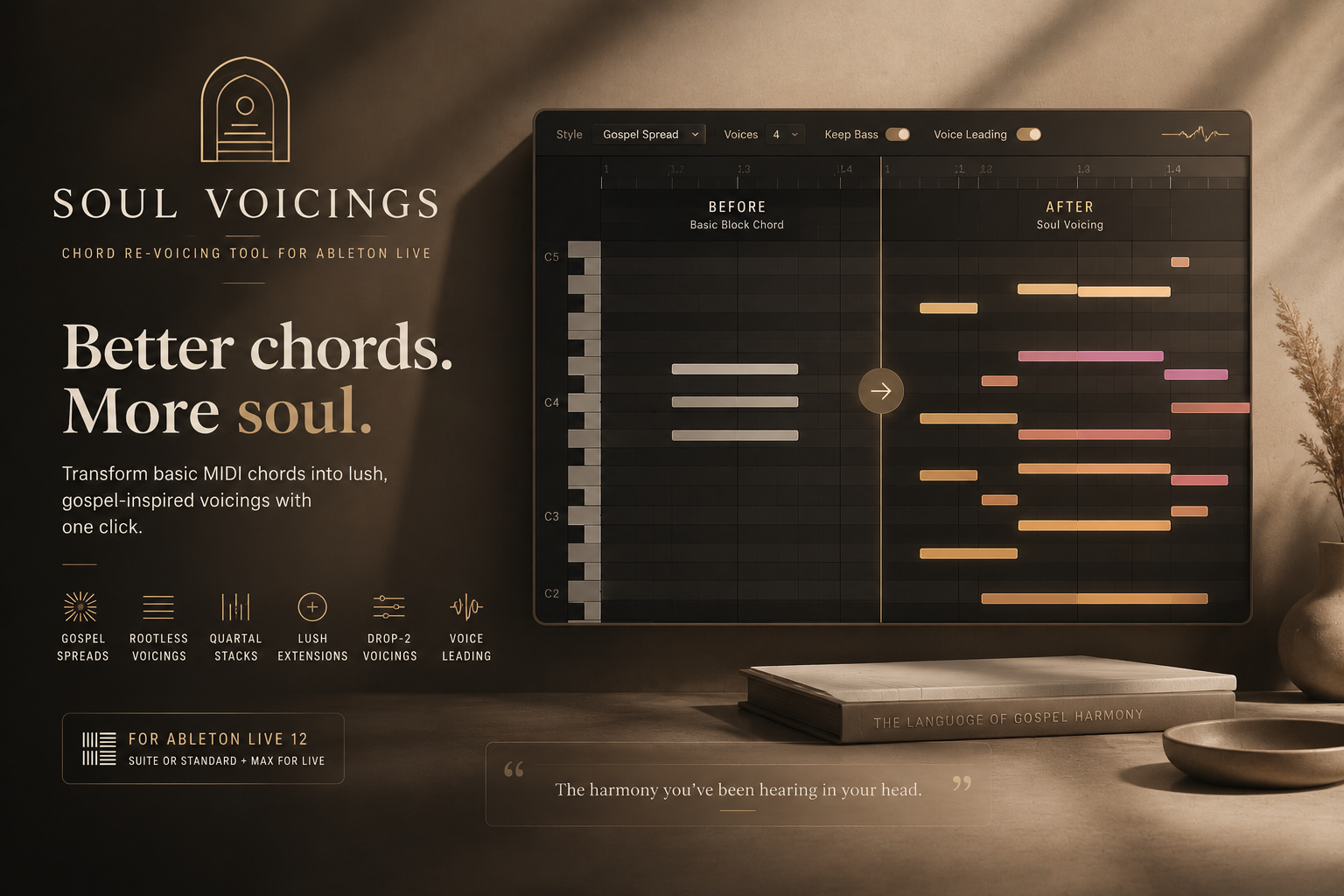 Soul Voicings interface showing a basic block chord transformed into a rich gospel voicing